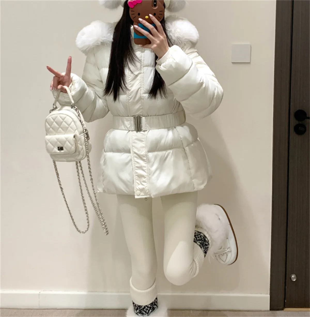 Detachable Fur-Collar Hooded Parka Women Autumn Warm Tied Waist Coat Long Sleeve Solid Quilted Jacket Chic Korean Vintage Coats