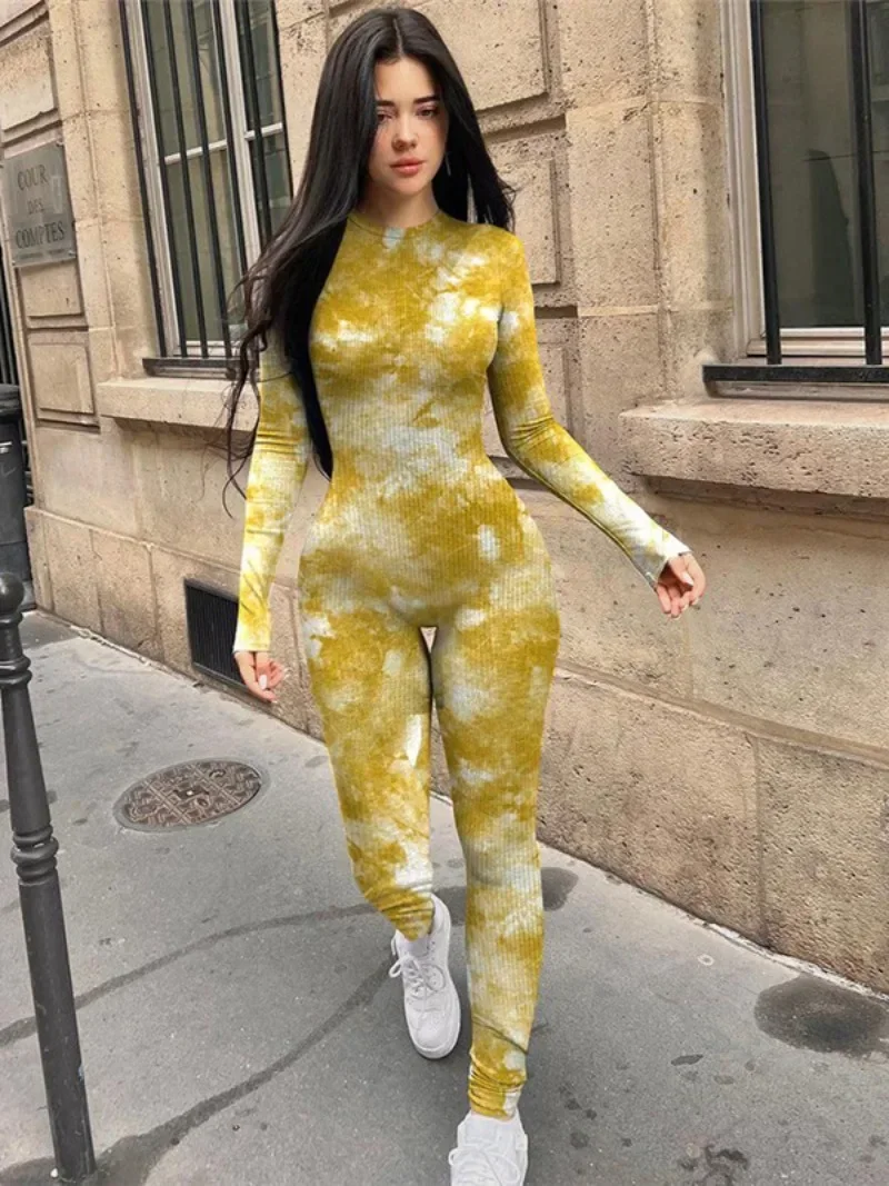 Vrouwen Gedrukt Rits Skinny Jumpsuits Herfst Winter Lange Mouw Hoge Taille Tie Dye Body Fitness Sport Overalls Streetwear