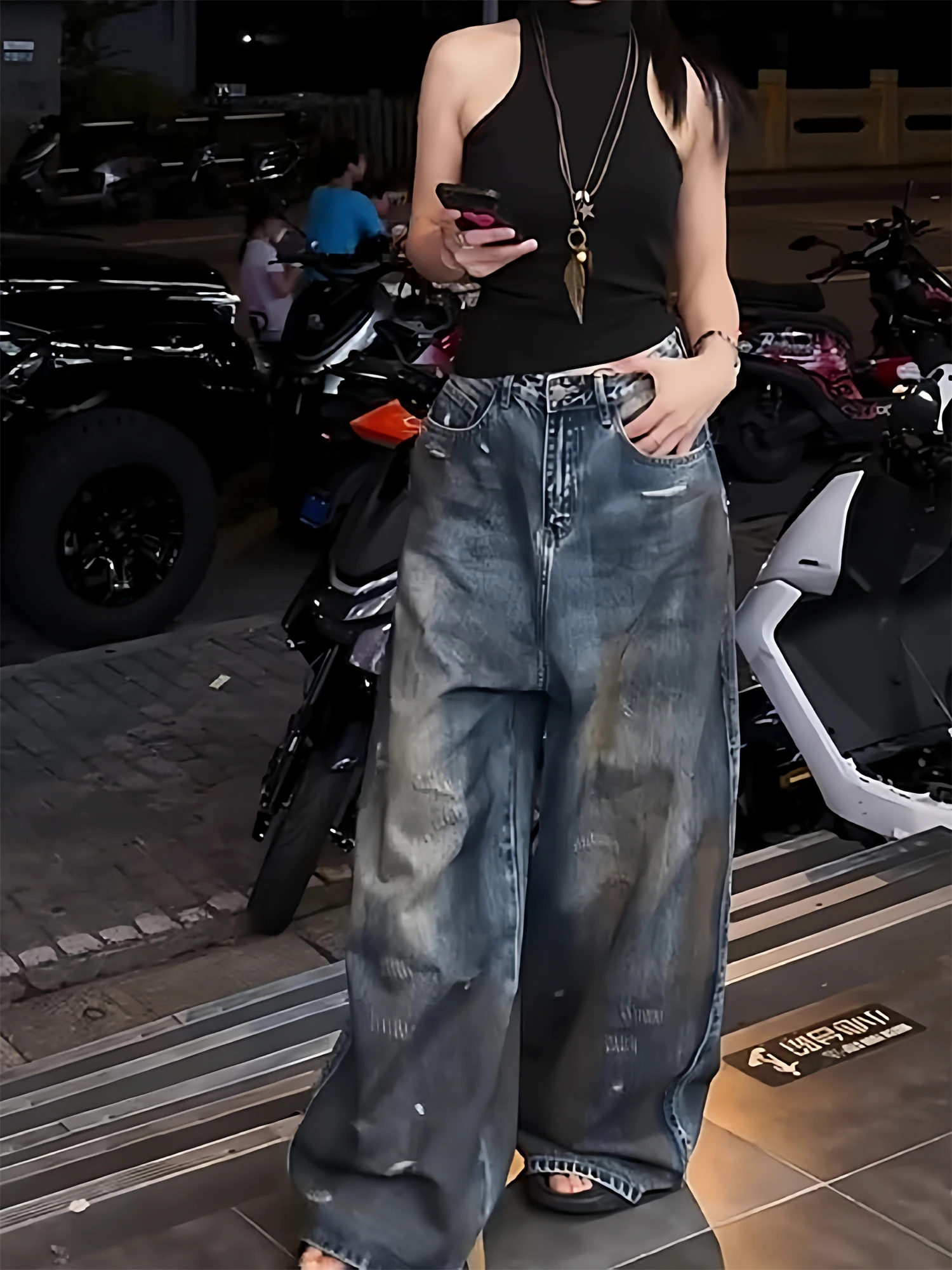 

Women's High Waisted Oversized Baggy Wide Leg Jeans Vintage Distressed Washed Blue Back Tie Streetwear Y2K Casual Denim Pants