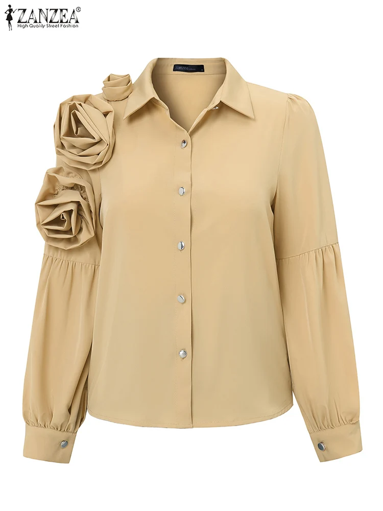 

ZANZEA OL Long Seeve Shirts Women Blouse 2025 Fashion Summer Decor Flowers Tops Elegant Work Tunic Solid Casual Loose Blusas