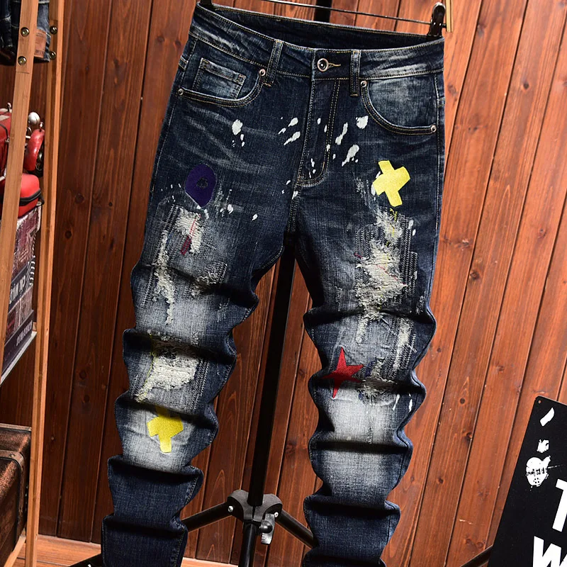 High End Light Luxury Blue Jeans For Men Autumn And Winter Elastic Slim Fit Straight Tube Embroidery Hole Patch For Men'S Denim