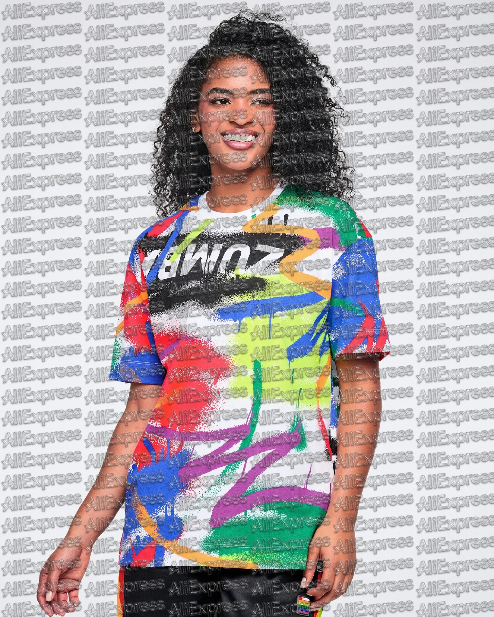Summer New ZW Dance Aerobic Exercise Men's and Women's Graffiti Printing Fitness Running Yoga Large Loose Quick Drying T-shirt