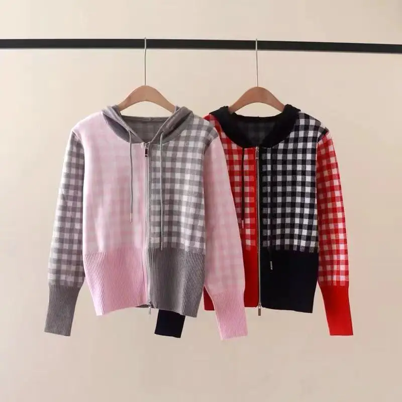 

New Preppy Plaid Hooded Knitted Cardigan Women Fashion Autumn Casual Contrast Color Zipper Long Sleeve Slim Sweater Knitwear