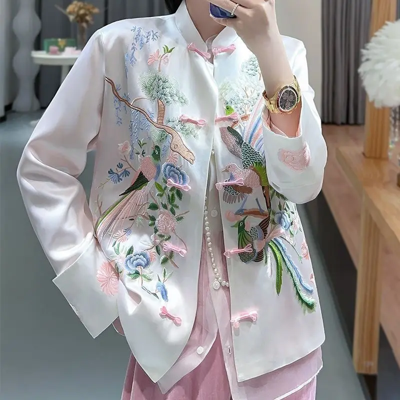 

Ретро китайский стиль, национальные женские рубашки с цветочной вышивкой, пальто, блестящие блузки из искусственного шелка с цветочным принтом, куртка, кардиган, верхняя одежда, топы