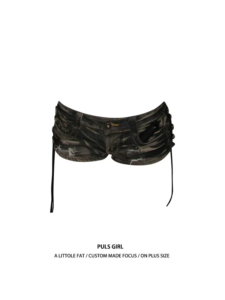 

Low Waist Washed Denim Shorts Women's Summer New Style Sexy Belted Hot Pants Retro Style Commute Fashion plus Size Shorts