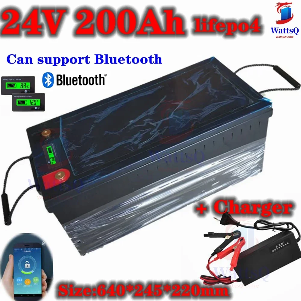 24V 200AH lifepo4 lithium Battery with bluetooth BMS APP for 2000W Inverter Solar RV golf cart backup power + 10A Charger