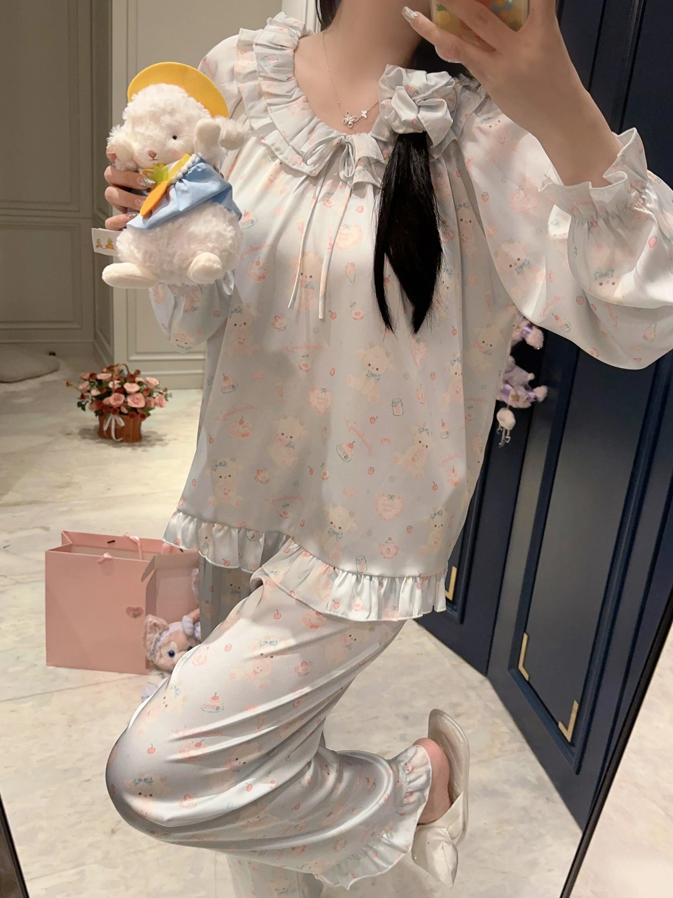 Cute Sweet Girl Japanese Original Satin Ice Silk Pajamas Long Sleeves Doll Collar Cartoon Print Long Sleeves Cool Loungewear