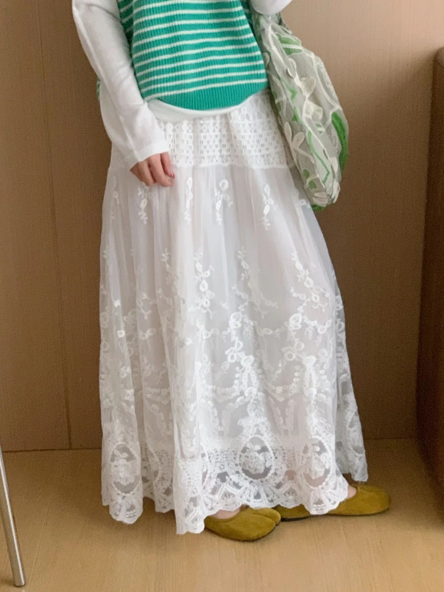 

Exquisite Embroidered Net f Skirt Women's Spring 2026 New Sle Elastic Waist Umbrella Skirt Ele Knee-Length Dr