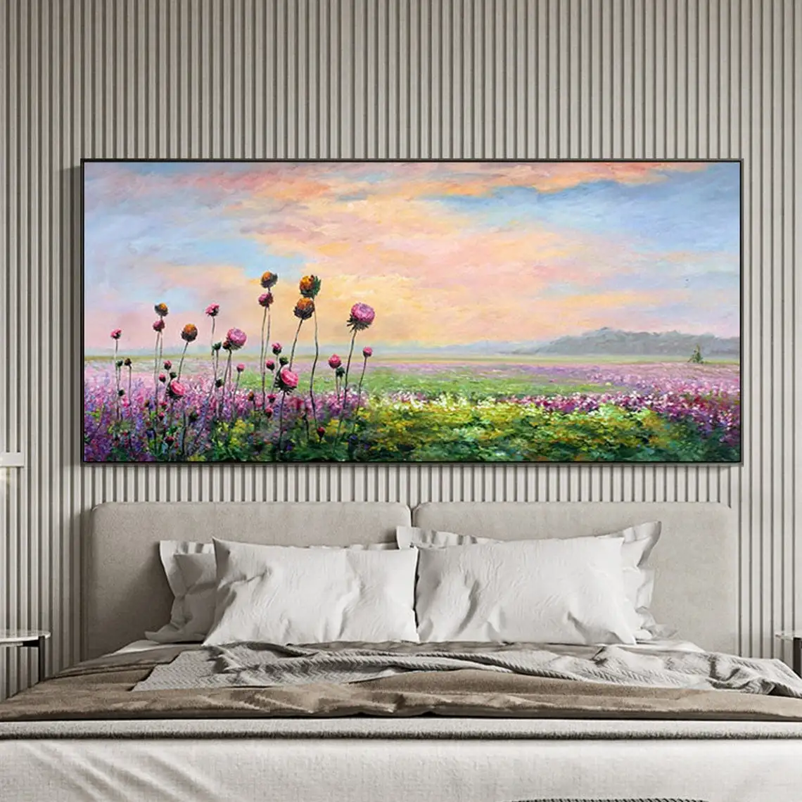 Imagem -03 - Lavanda Pôr do Sol Brilho Paisagem Pintados à Mão Pintura a Óleo Lavanda Grande Arte da Parede Montanha Sala de Estar Arte da Parede Verão Decoração Roxo