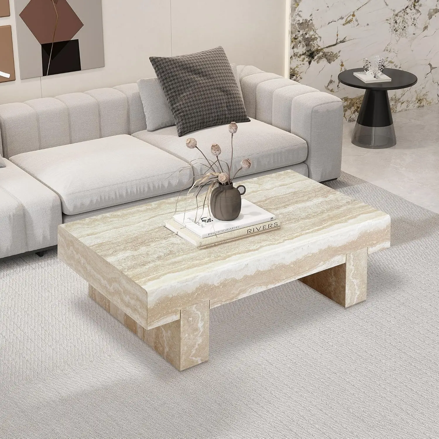 Modern Faux Stone Travertine Rectangle Coffee Table Mid Century Living Room Center Table, Customized