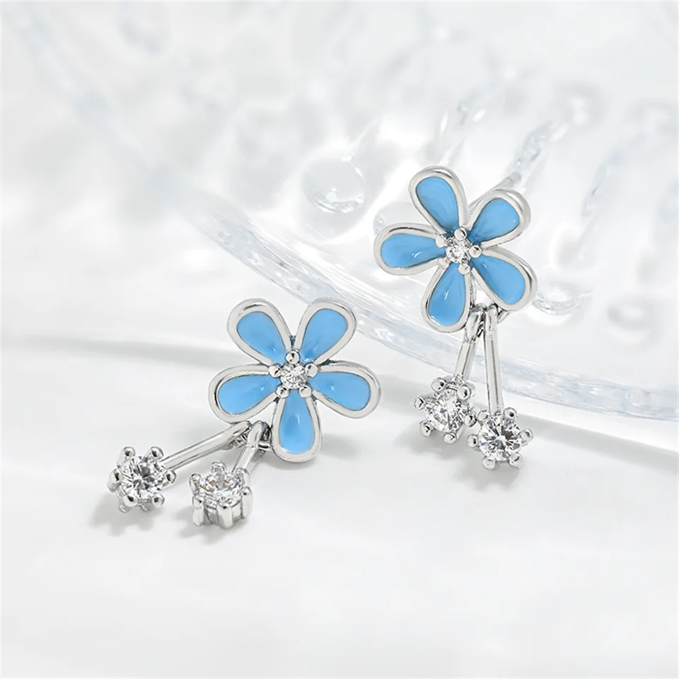 

Exquisite Blue Flower Tassel Earrings Fashionable Versatile High-grade Stainless Steel Jewelry Cool Style Small Daisy Earrings