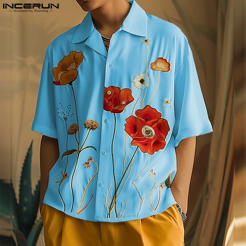 INCERUN-Tops de estilo americano para hombre, camisas con estampado Floral, blusa informal de manga corta, S-5XL, 2024