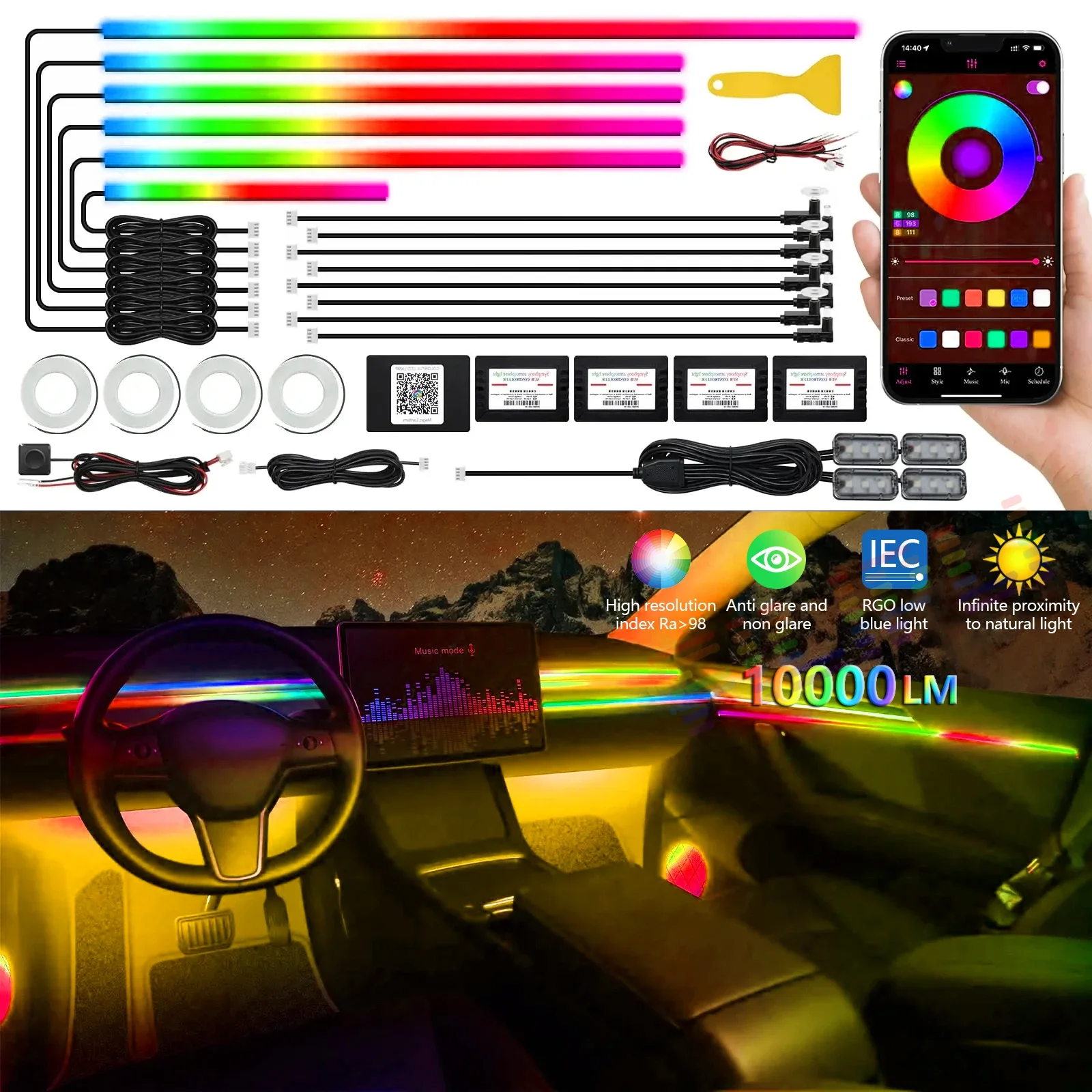 6 In1 Full Universal Symphony Car LED Ambient Lights Decoration Atmosphere Lamp 64 RGB Colorful Streamer Rainbow App Control