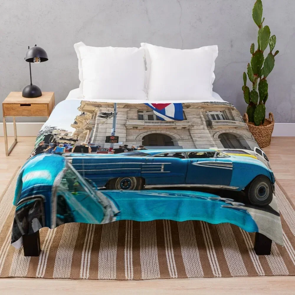 

Blue Cars In Havana And Cuban Flag Throw Blanket