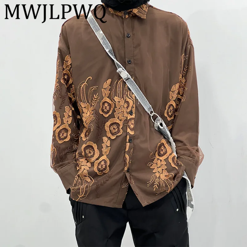 

MWJLPWQ Men's Embroidery Lapel Design Shirt Elegant 2025 New Loose Casual Long Sleeve Women Ins Coffee Color Lace Tops 11789