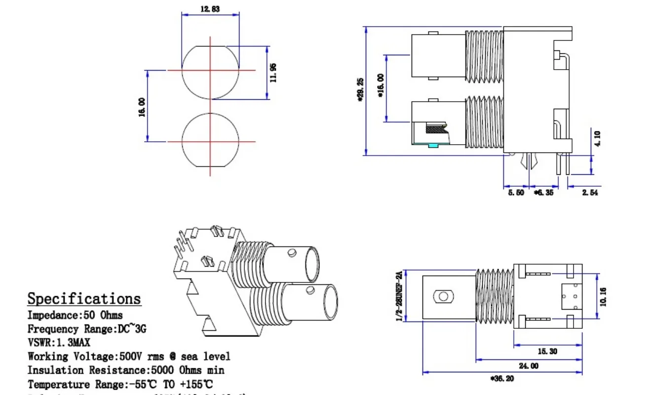 2 20 Pcs BNC Connector Receptacle Female Socket 50 Ohm Panel Mount Through Hole Right Angle Solder PCB DIP 1 Lockwasher 1 Nut