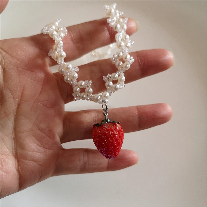 Goth Y2k Aesthetic Cherry Strawberry Pendant Pearl Beaded Necklace For Girl Vintage Cute Kawaii Charms EMO Jewelry Accessories