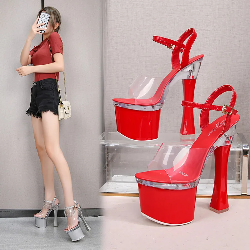 Women's 14CM Square Heel Wedding Shoes Shallow Open Toe Sandals Sexy Fetish Nightclub Stripper Pole Dance French Bulldo 7 Inches