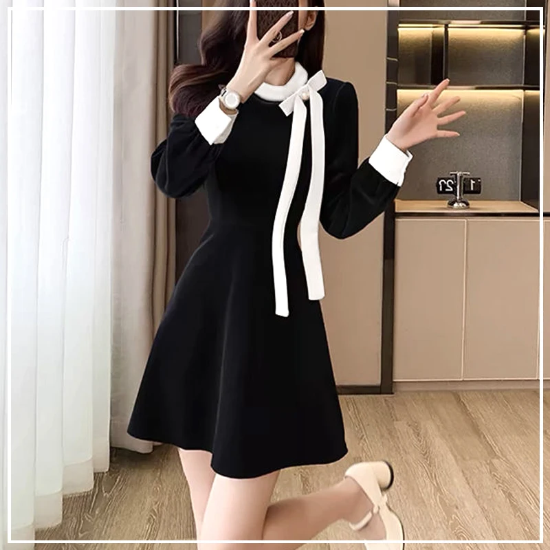 French Senior Dignified Intellectual Generous Lightly Cooked Simple Bow Ribbon A-line Skirt Women's Dress Spring Autumn 2024