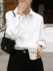 CJFHJE OL Style Formal Women Shirts White Turn-Down Collar Tops Elegant Workwear Female Blouse Single-Breasted Long Sleeve Shirt