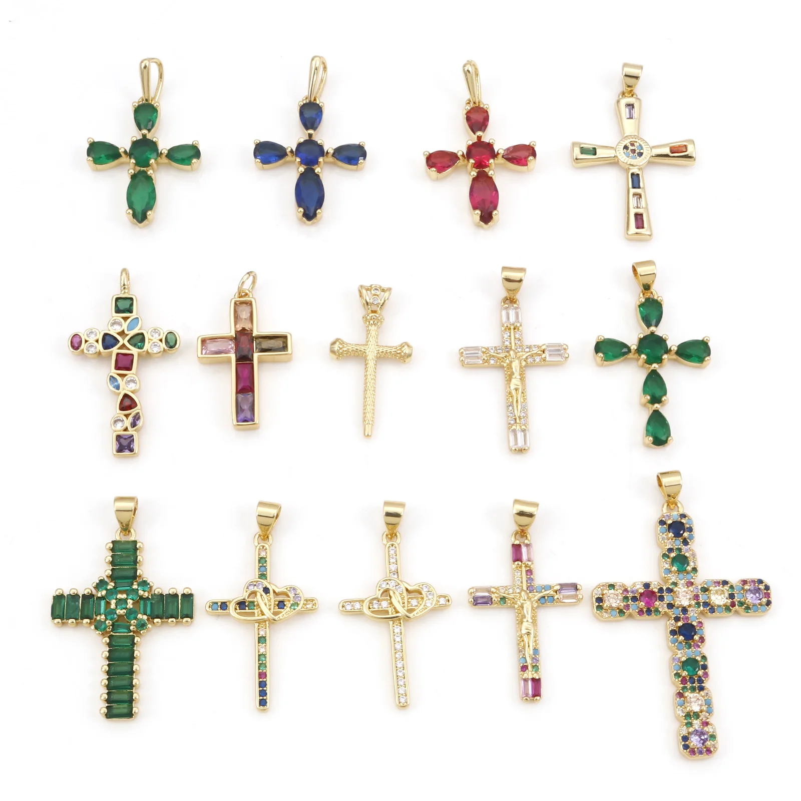 Pendentifs religieux en cuivre, couleur or, croix, Micro pavé, breloques en zircone cubique multicolores, pour la fabrication de bijoux