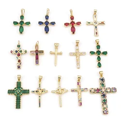 Fashion Copper Religious Pendants Gold Color Cross Micro Pave Multicolour Cubic Zirconia Charms DIY Making Necklace Jewelry