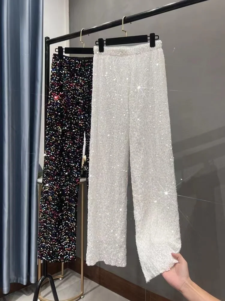 กางเกงขาบานเอวสูงเข้ารูปของผู้หญิงกางเกงปักเลื่อมสไตล์เกาหลีกางเกงยาวถึงพื้น