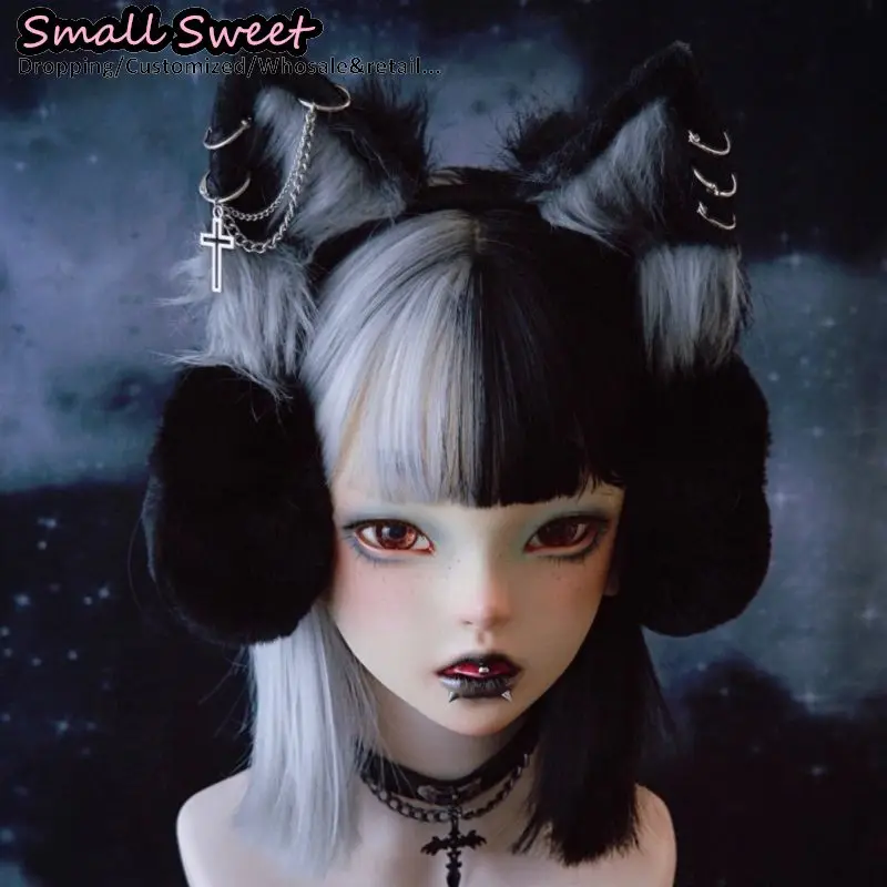 

Gothic Men Women's Lolita Warmer Muff Ear Cover Cross Headband Harajuku Punk Girl Women Plush Cat Ear Wolf Ear Warm Earmuffs