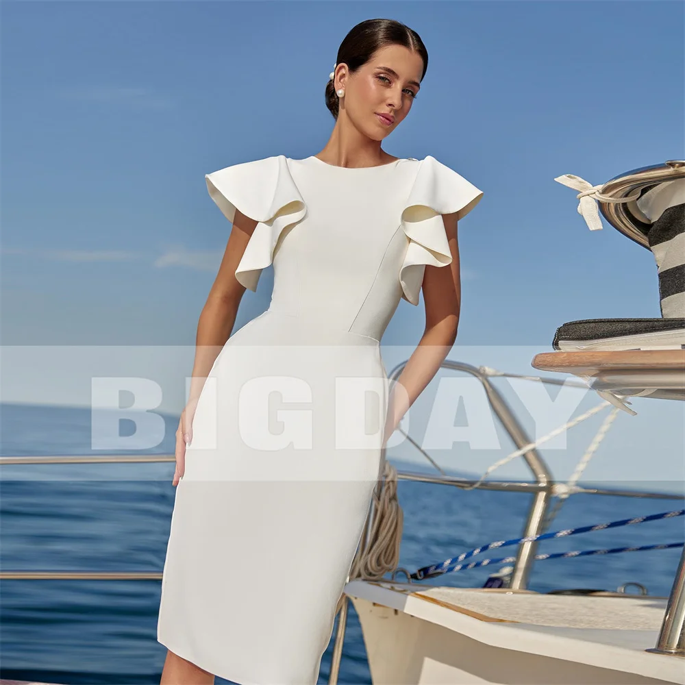 Suknia ślubna BIGDAY, prosta, krótka, typu sheath, z odkrytymi plecami, dekolt okrągły, rękawy typu nietoperz, długość do kolan, suknia ślubna, Vestido De Noiva, możliwość personalizacji.