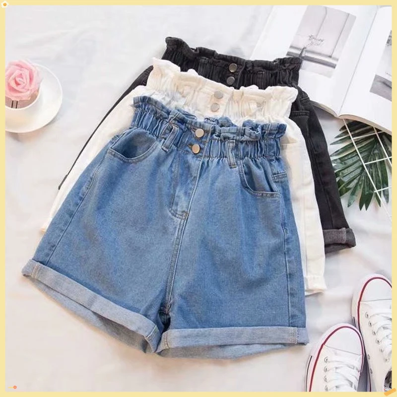 Verão harem babados denim shorts cintura alta jeans elásticos para mulher em preto/branco/azul tamanhos S-3XL 2025 trendiest