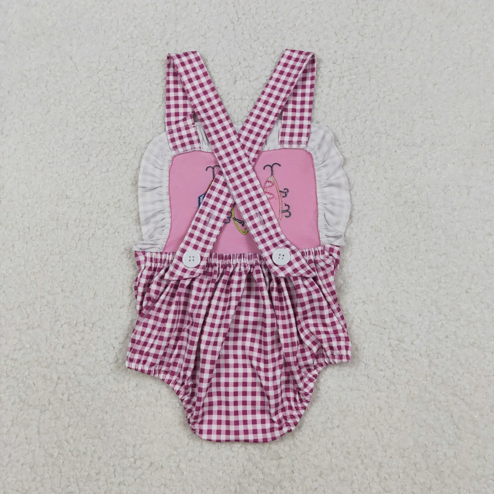 Wholesale Newborn Sleeveless Bubble Coverall Toddler Kids Embroidery Fish Romper Baby Girl Children Plaid Ruffle Clothing