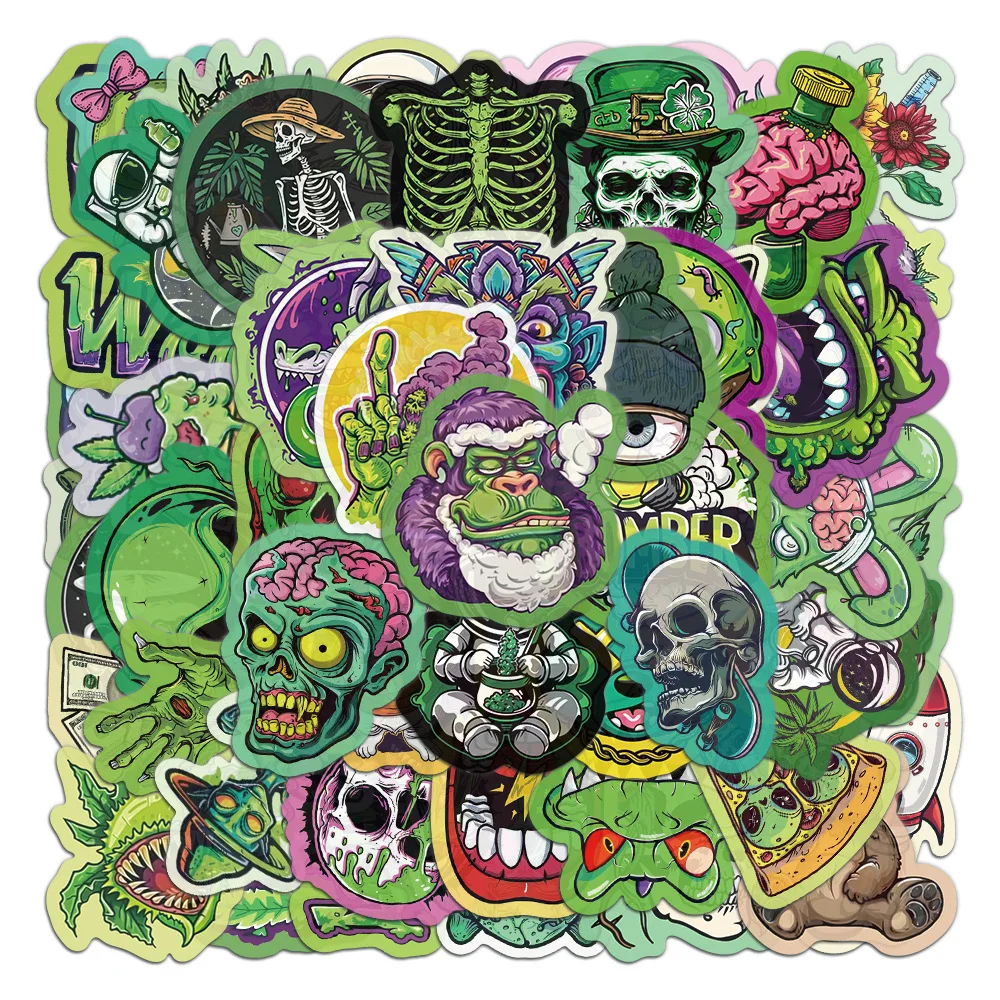 Pegatinas de calaveras coloridas verdes para teléfono, pegatinas de grafiti DIY, para guitarra, portátil, Notebook, Maleta, impermeable, 50 piezas