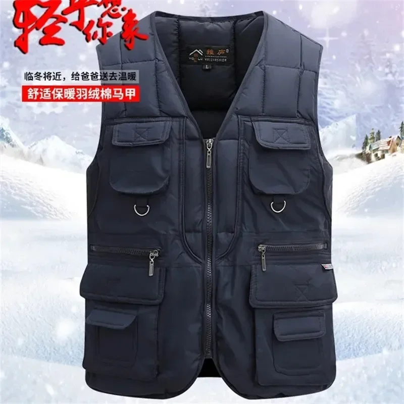 Winter Warm Men\'s Padded Fishing Vests Multi-Pockets Outdoor Tactical Vest Men Sleeveless Zipper Waistcoat Solid Hunting Jacket