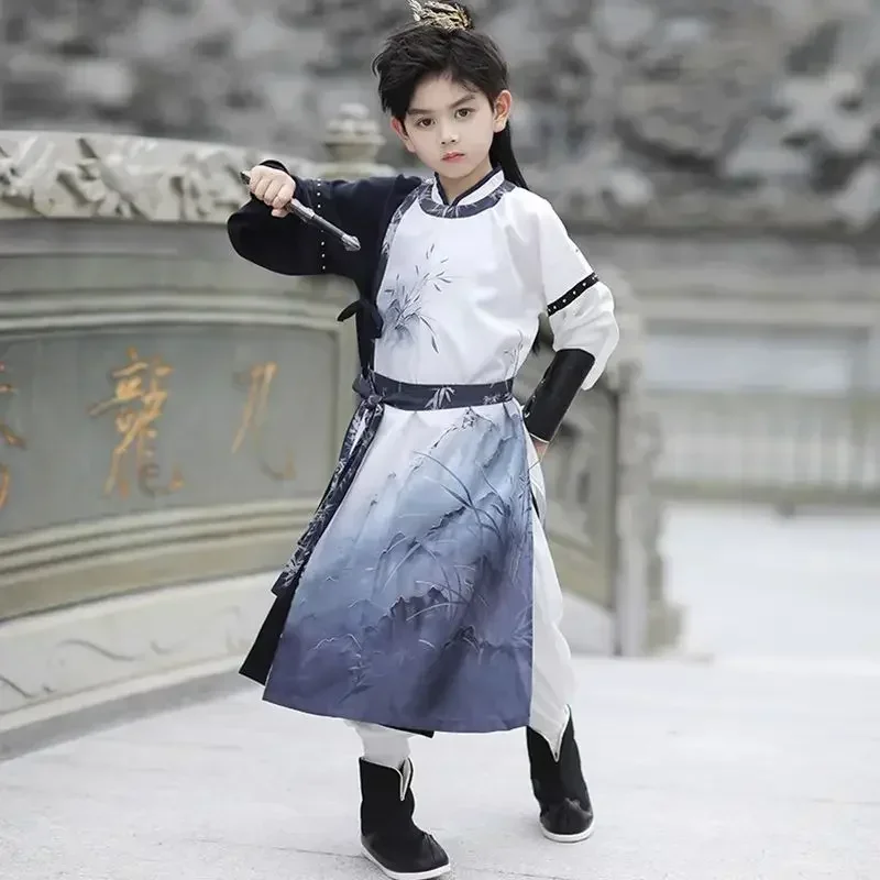 Vintage Boy Cosplay Performance Costumes for Children Spring Autumn Chinese Traditional Ink Painting Swordsman Hanfu Dresses