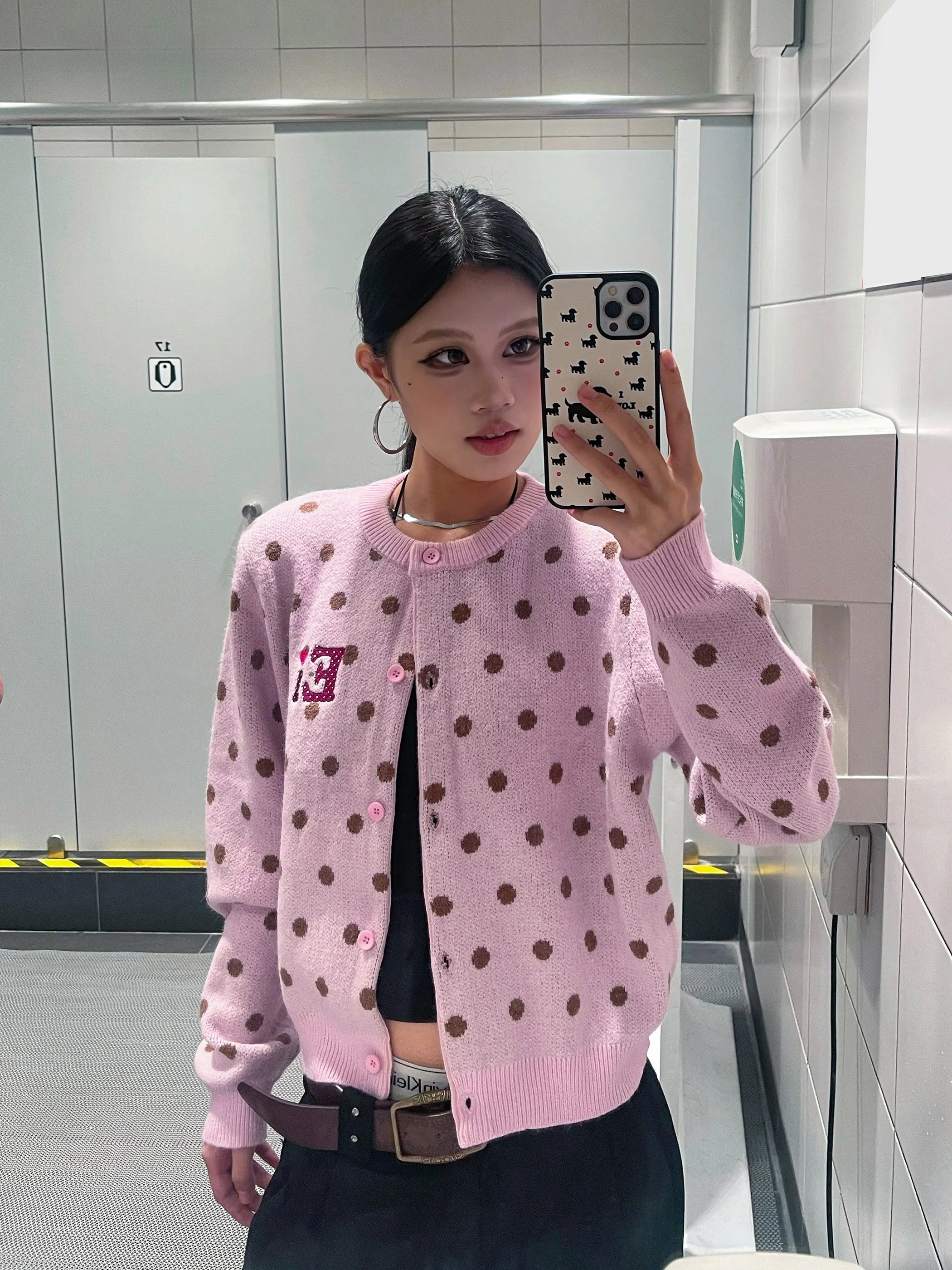 

American Retro Polka Dot Knitted Sweater Coat Women's Autumn Winter Loose Fit Warmth Faionable Top Casual Knitwear