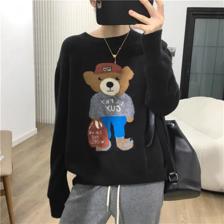 100% Wool sweater women fashion Little Bear pullover sweater women Loose comfortable pure wool  sweater women