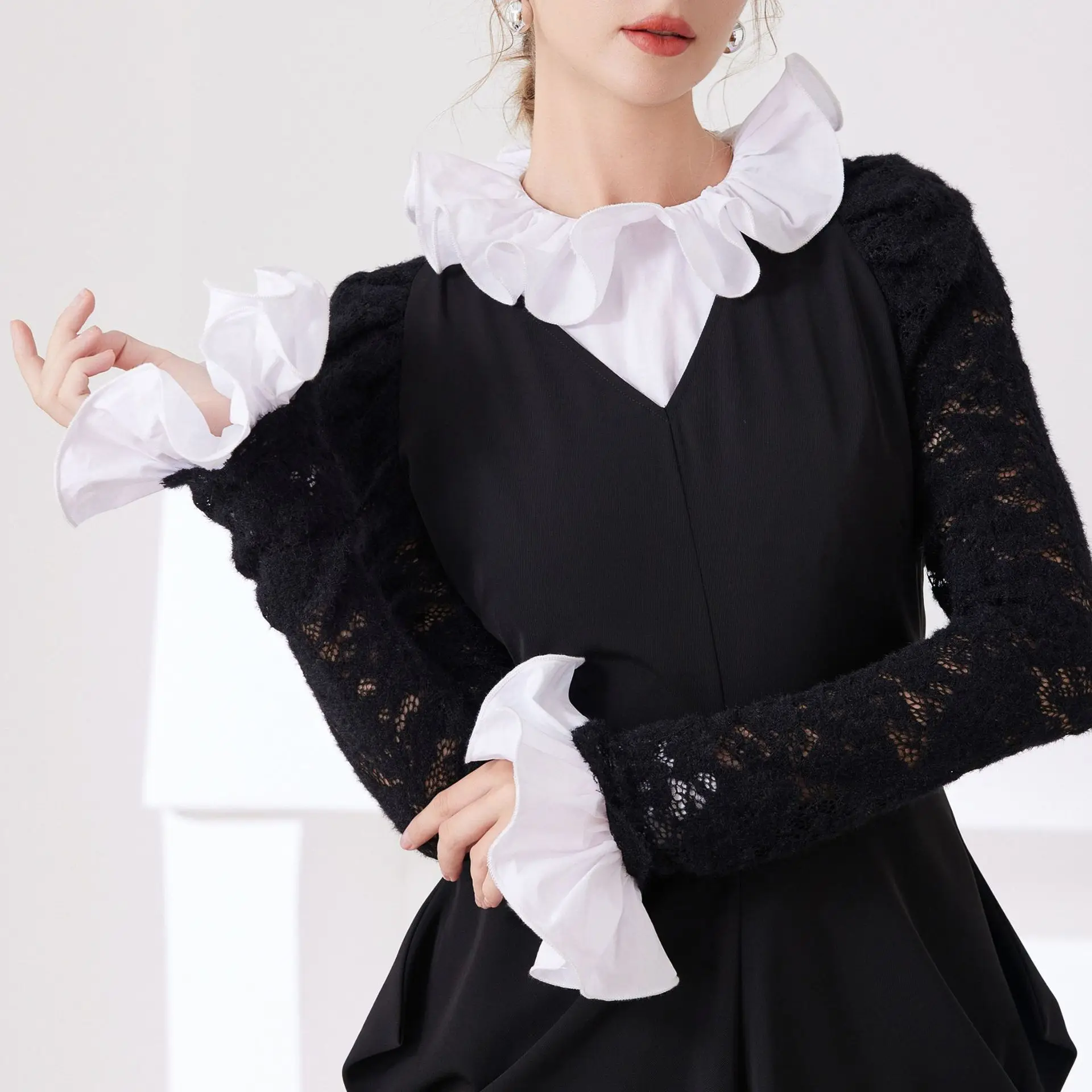 

Изысканный воротник-стойка с рюшами и большими лацканами, искусственный воротник, комплект с искусственными рукавами и воротником рубашки, декоративный нижний воротник