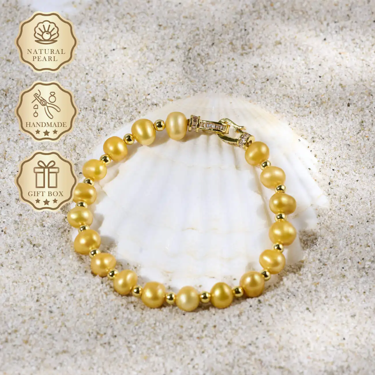 

MYSOYA Golden Freshwater Pearl Bracelet 8–9mm, Gift Box, Ideal Birthday & Anniversary Gift