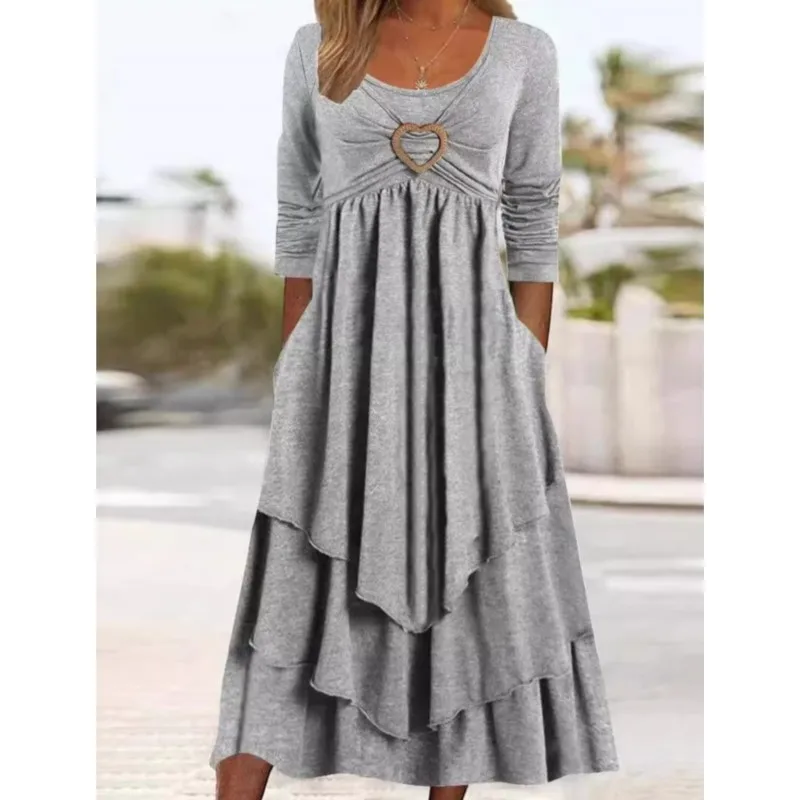 Feminino elegante multi camadas emenda bolo bainha vestidos 2025 outono cintura alta manga longa feminino amor coração decoração bolso vestido