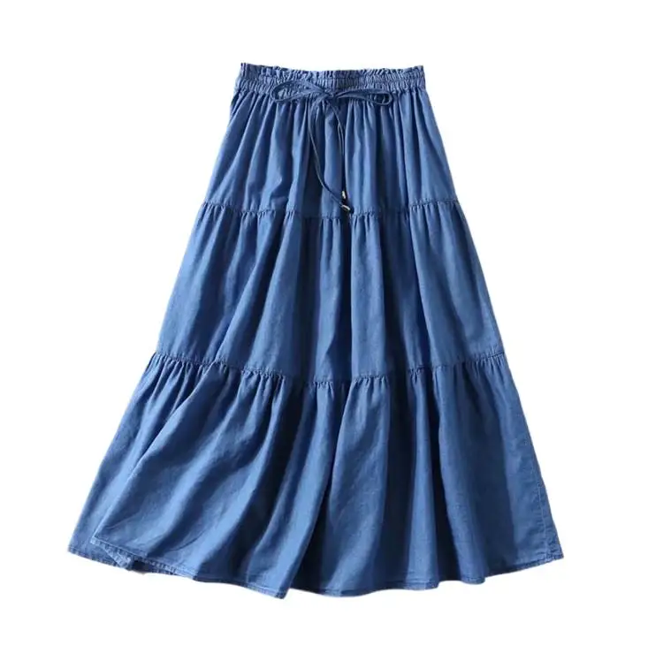 Women High Waist long Skirt 2025 Autumer brand Denim ruffled skirts casual vinatge Summer cotton skirts vestidos vintage clothes