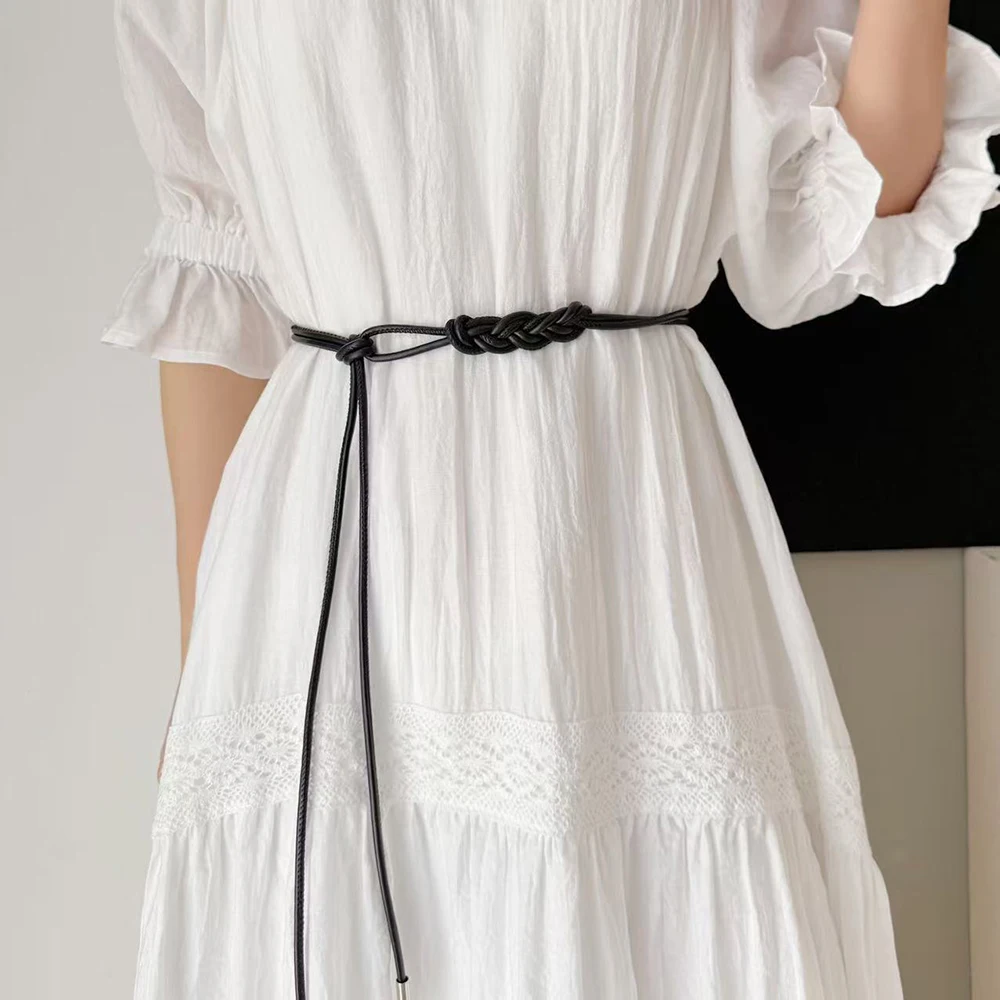 New Braided Leather Thin Belt Metal head Knotted Long Dress String Waistband PU leather Decorative Coat Belt Waist strap