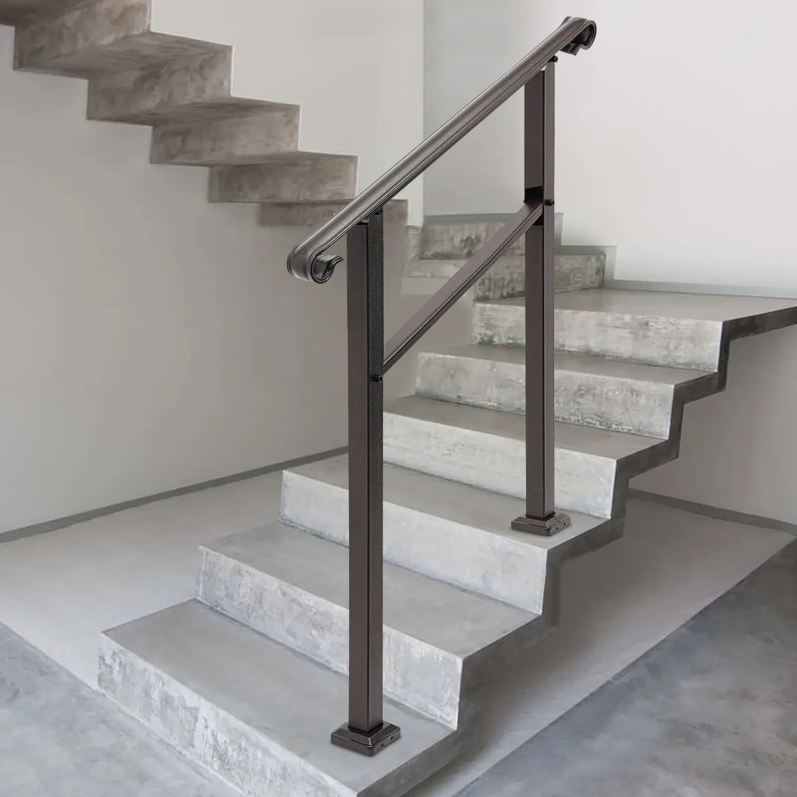 Outdoor staircase handrail 3FT iron brown, Handrails for Outdoor, Staircase Handrail, 3-Step Handrail, Carbon Steel, Dark Brown