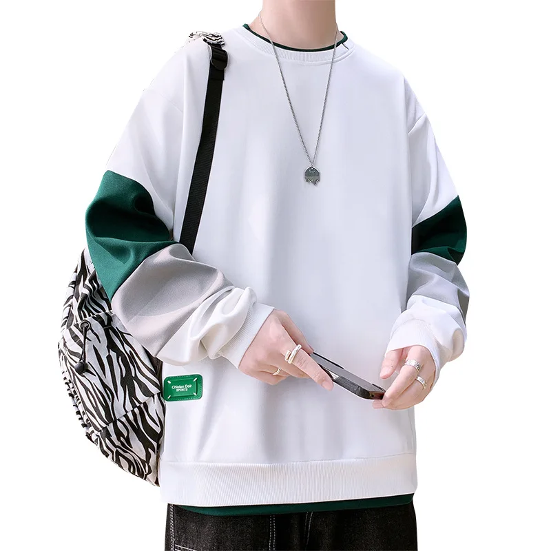 Patchwork Sweatshirt Mens Casual Shirt O Neck Pullover Hoodless Sweatshirt Men Tops Contrast Color Long Sleeve Tshirt Streetwear
