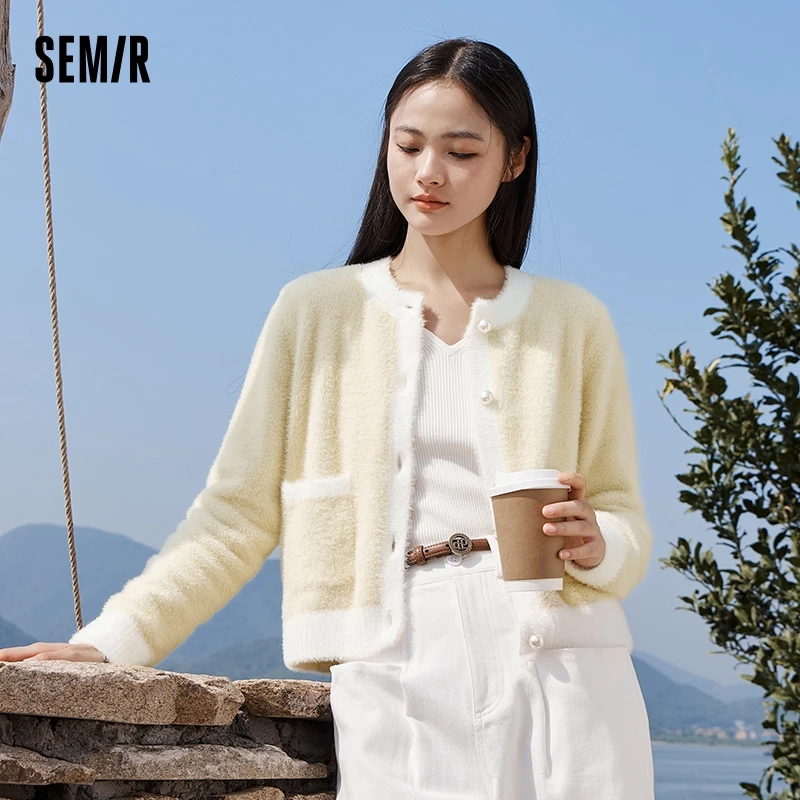 

Semir Knitted Cardigan Women Short Soft Waxy Gentle 2023 Winter New Elegant Contrasted Color Fragrance Round Neck Sweater