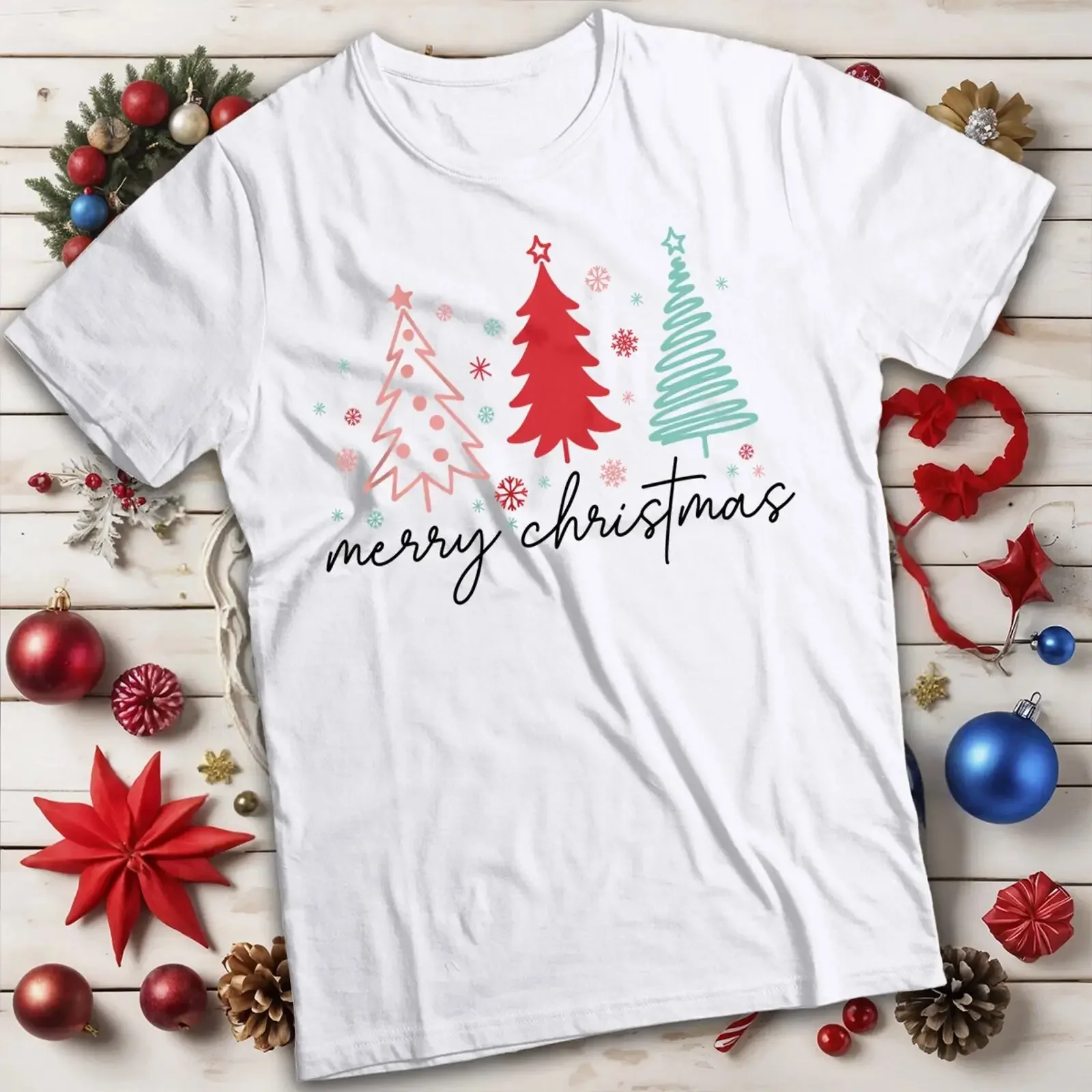 Men's and women's Christmas tree t shirt with stars snowflakes MC vintage Washed Top For Everyday Wear Soft Casual Comfortable
