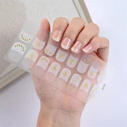 16Tips Semi Cured Gel Nail Stickers Long-lasting French Nail Strips Patch Slider UV Lamp Cured Decals Glitter Rhinestone Sticker