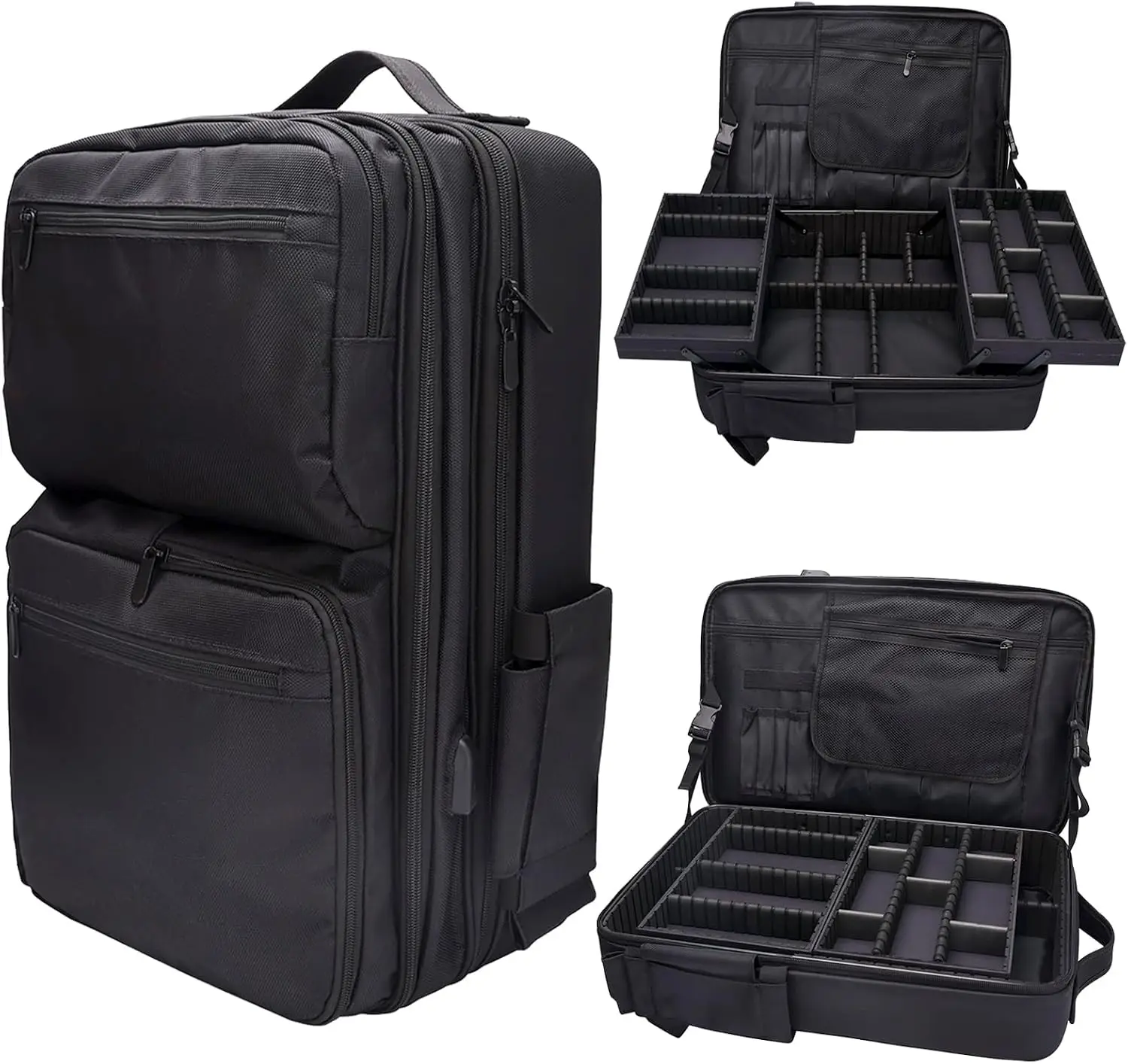 Large Makeup Backpack Professional Barber Travel Backpack Sliding Trays Adjustable Dividers Cosmetic Storage Organizer Black