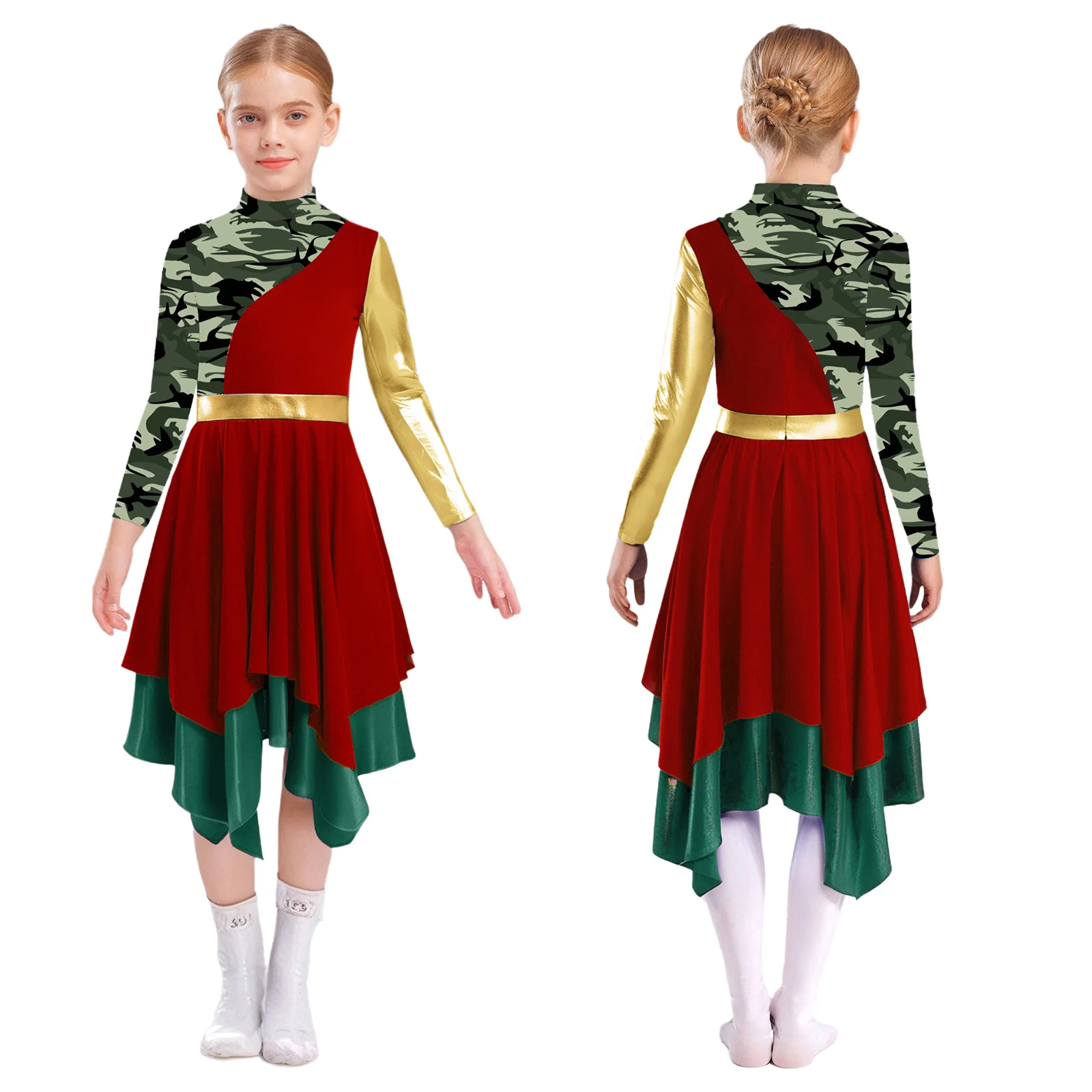 Kids Girls Modern Lyrical Dance Dress Church Choir Liturgical Worship Praise Costume Long Sleeve Print Metallic Color Block Gown - Image 2