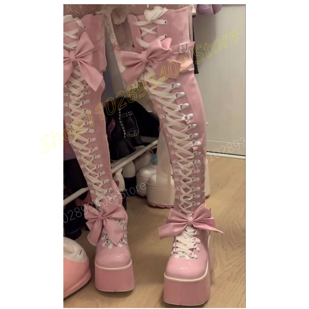 Baby Pink Butterfly Knot Decor Over the Knee Boots Round Toe Wedges High Heel Front Lace-up Patent Women Shoes 2024 Para Mujere