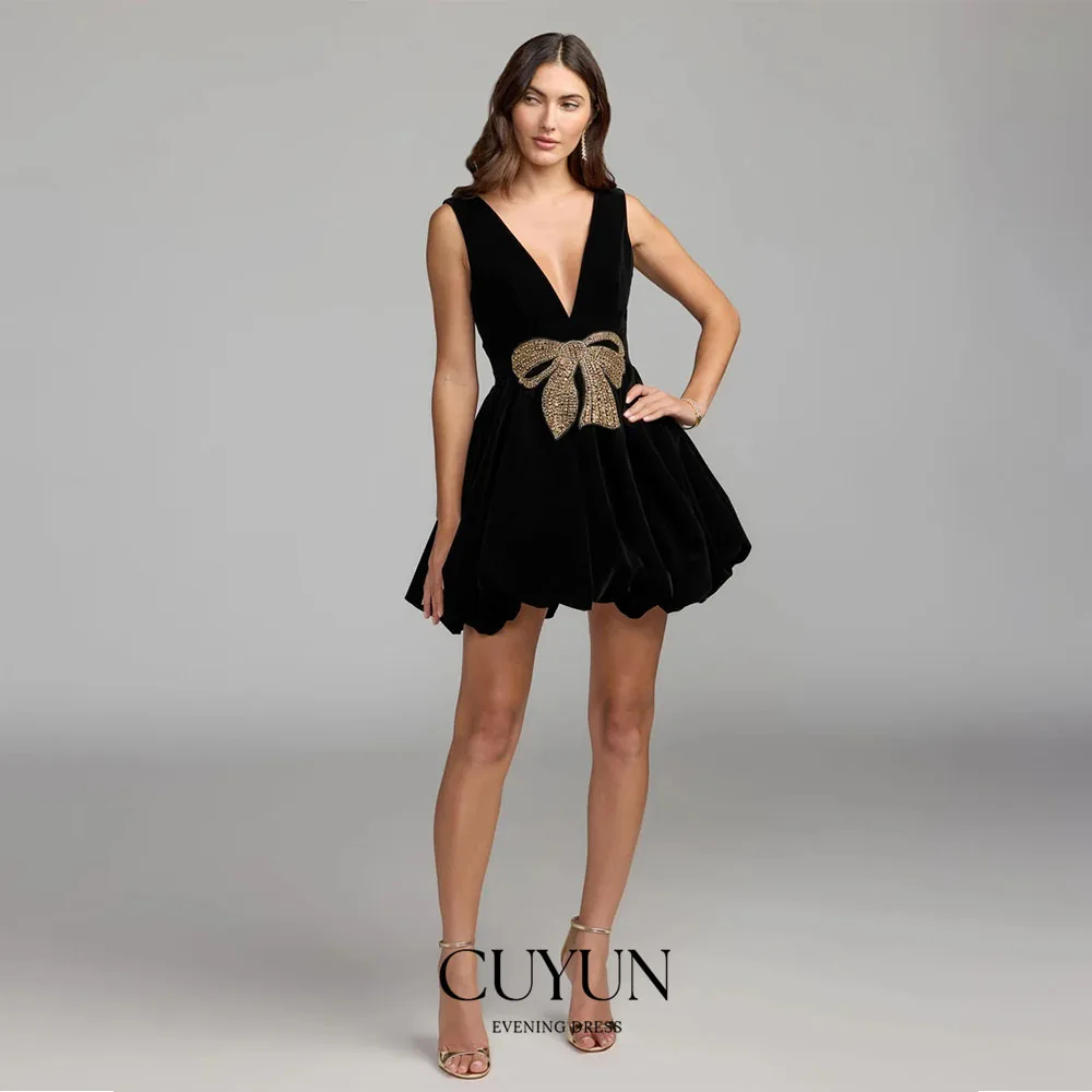 CUYUN Black Sleeveless Bubble Hem Velvet Mini Dress With Bow Customized V-Neck Backless Short Party Prom Dresses